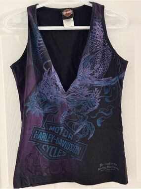 Harley-Davidson Black Tank Top with Purple & Blue Dragon Graphic